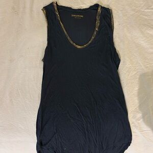 Zadig & Voltaire navy tank top with gold neckline and shoulders